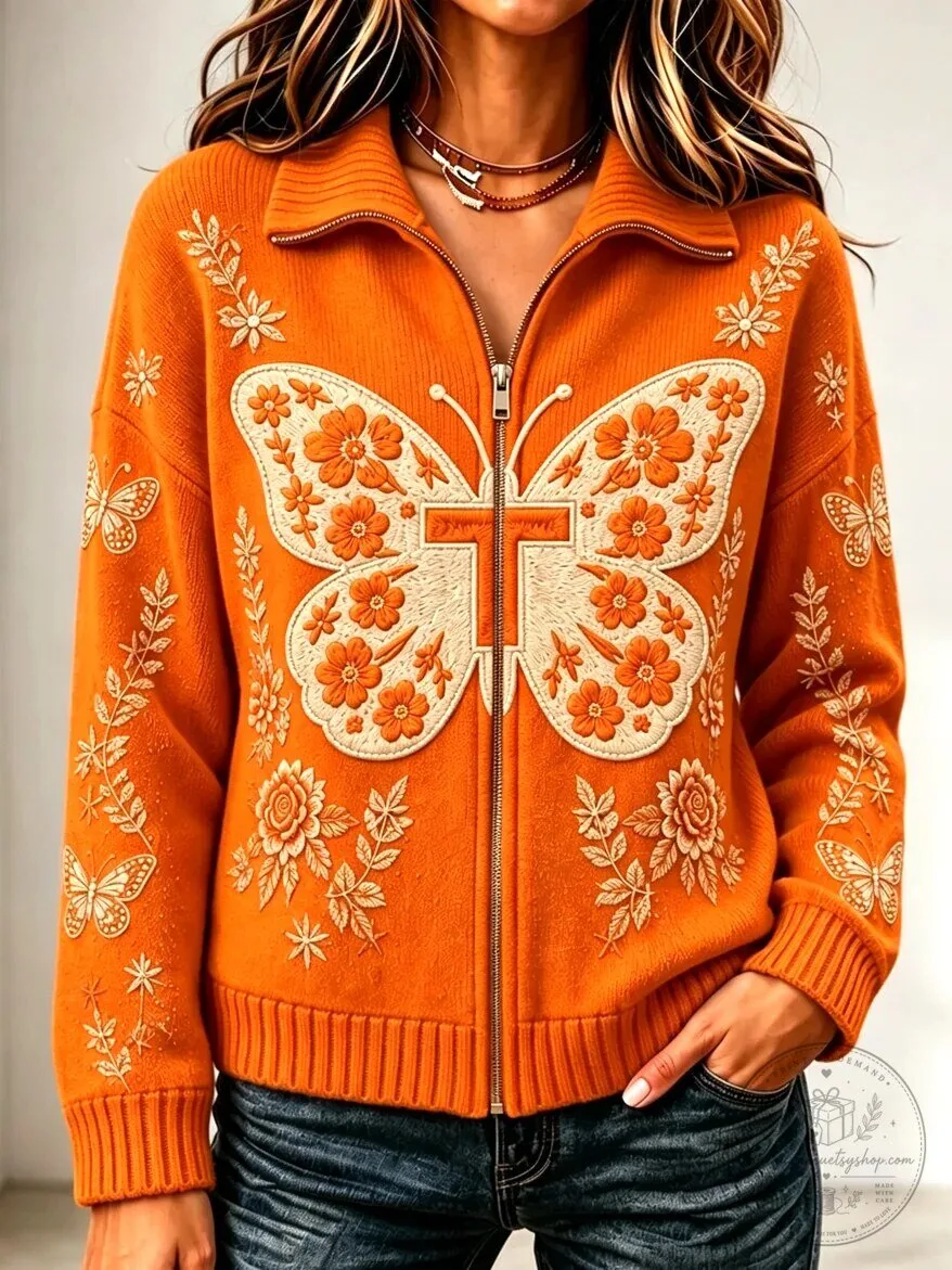 Embroidered Butterfly Floral Orange Knitted Zipper Cardigan for Women
