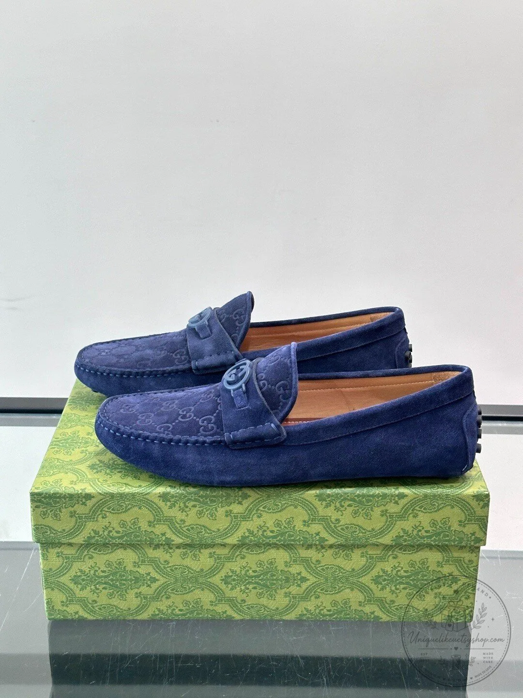 Gucci Blue Monogram Suede Horsebit Loafers for Men 7 Gucci Blue Monogram Suede Horsebit Loafers for Men