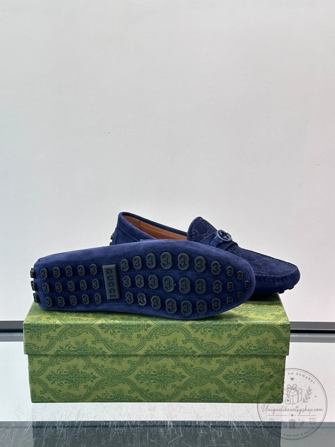 Gucci Blue Monogram Suede Horsebit Loafers for Men 8 Gucci Blue Monogram Suede Horsebit Loafers for Men