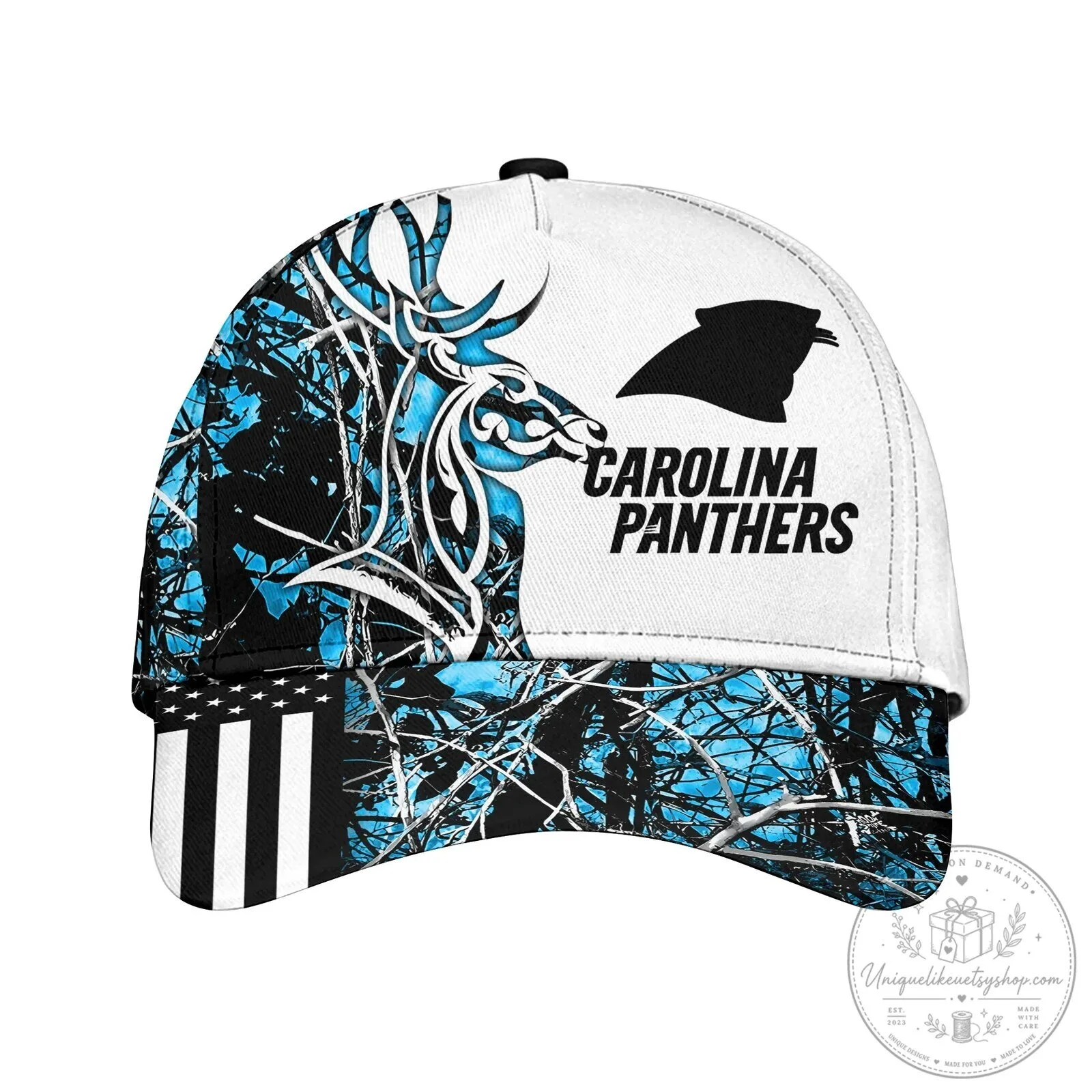 American Flag Cap Hat in Carolina Panthers Deer Hunting Camouflage Design
