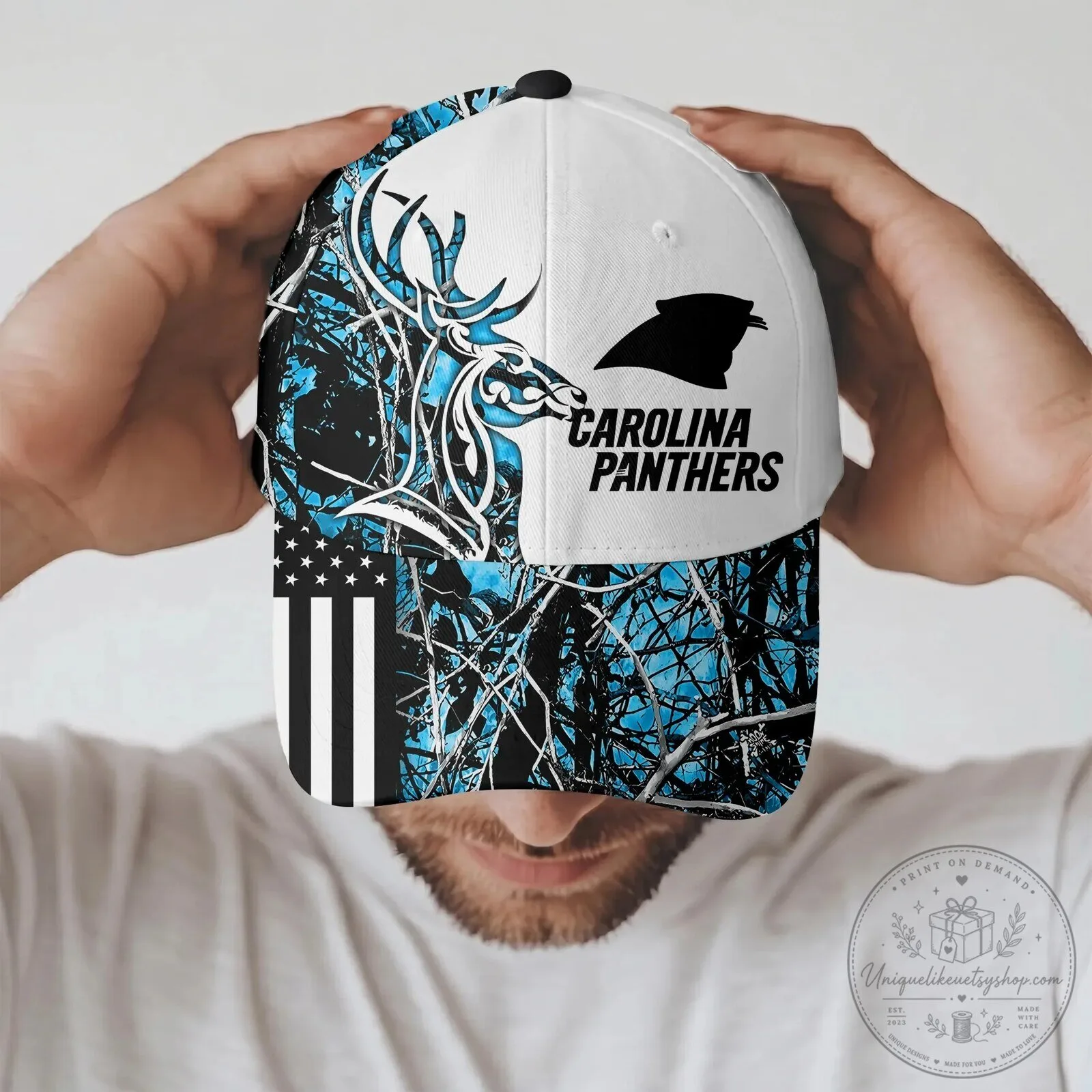 American Flag Cap Hat in Carolina Panthers Deer Hunting Camouflage Design 7 American Flag Cap Hat in Carolina Panthers Deer Hunting Camouflage Design