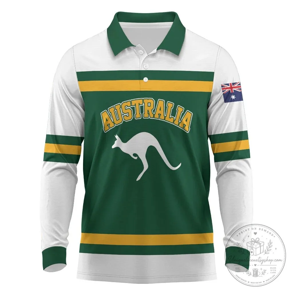 Australia National Team Rugby Style Long Sleeve Polo Shirt with Kangaroo Logo 4 Australia National Team Rugby Style Long Sleeve Polo Shirt with Kangaroo Logo