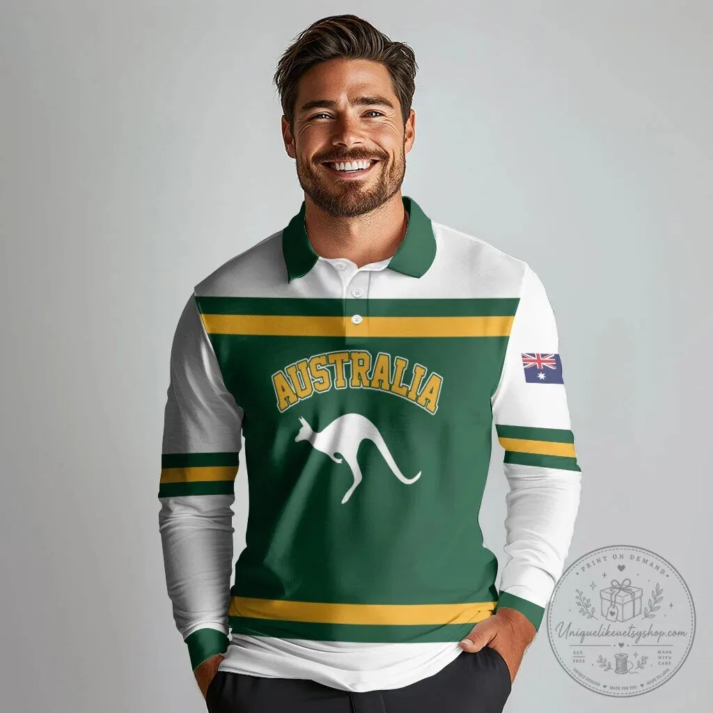 Australia National Team Rugby Style Long Sleeve Polo Shirt with Kangaroo Logo 6 Australia National Team Rugby Style Long Sleeve Polo Shirt with Kangaroo Logo
