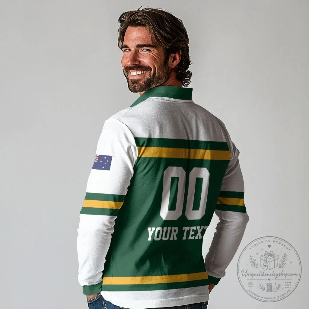 Australia National Team Rugby Style Long Sleeve Polo Shirt with Kangaroo Logo 7 Australia National Team Rugby Style Long Sleeve Polo Shirt with Kangaroo Logo