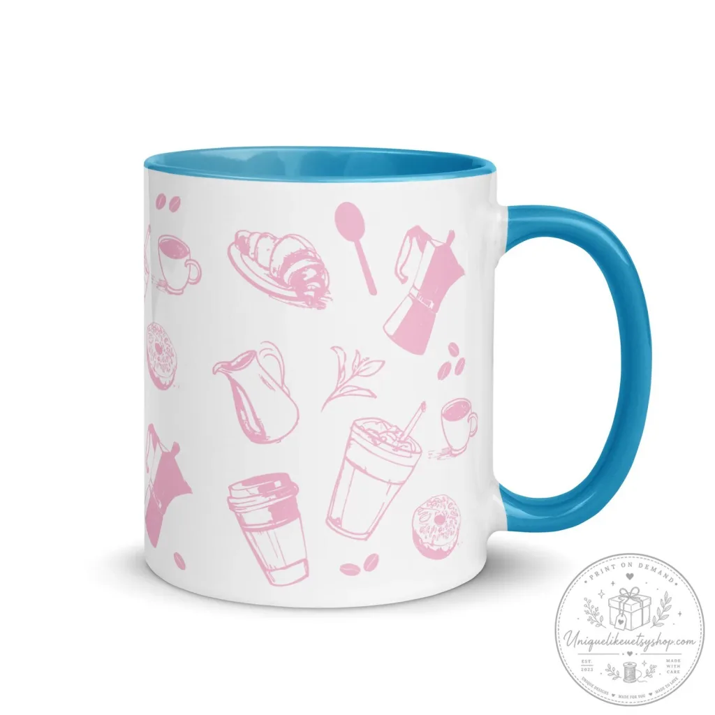 Pink Coffee Icons Pattern Blue Handle and Interior Ceramic Mug Pink Coffee Icons Pattern Blue Handle and Interior Ceramic Mug