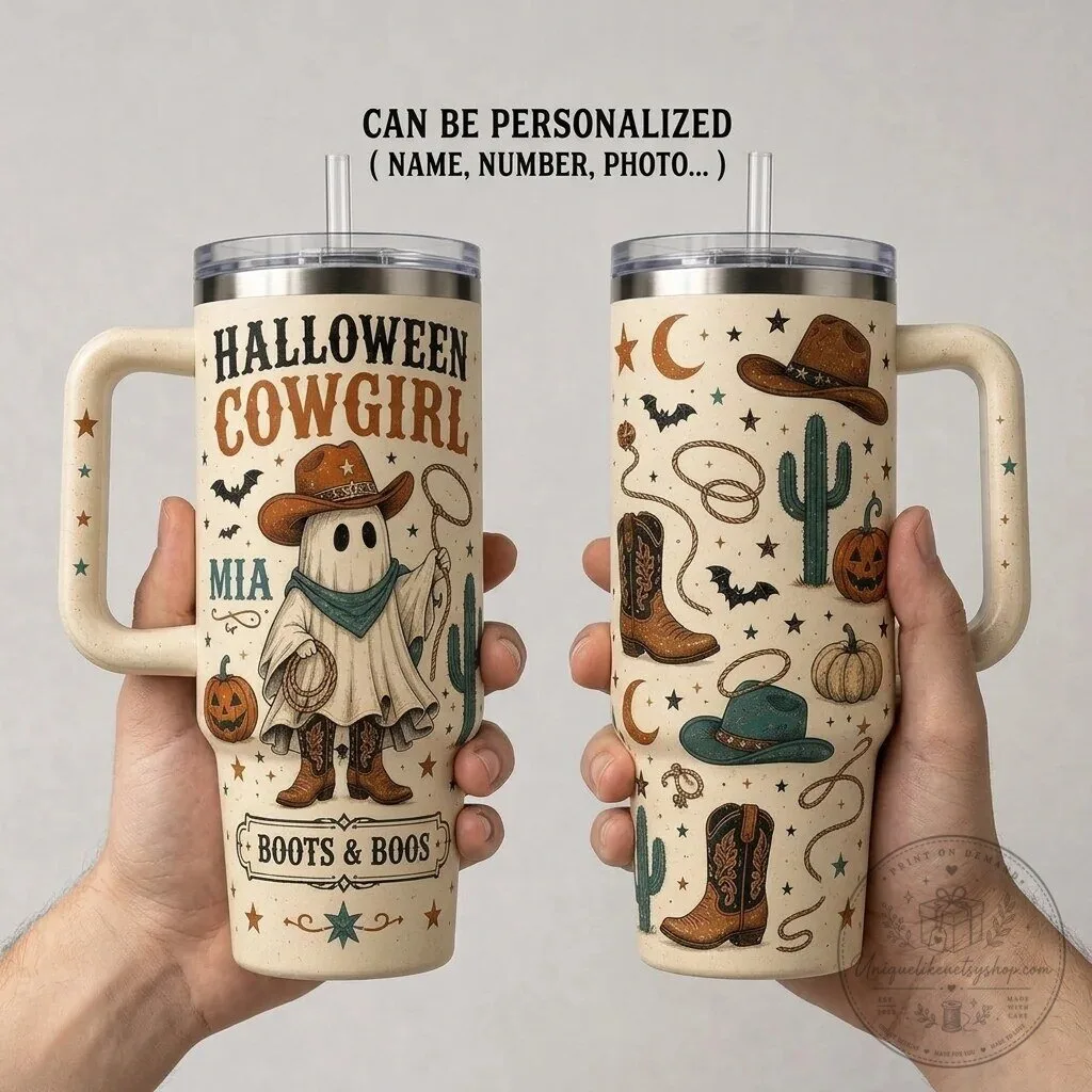 Halloween Cowgirl Ghost Boots and Boos Personalized 40oz Tumbler with Handle