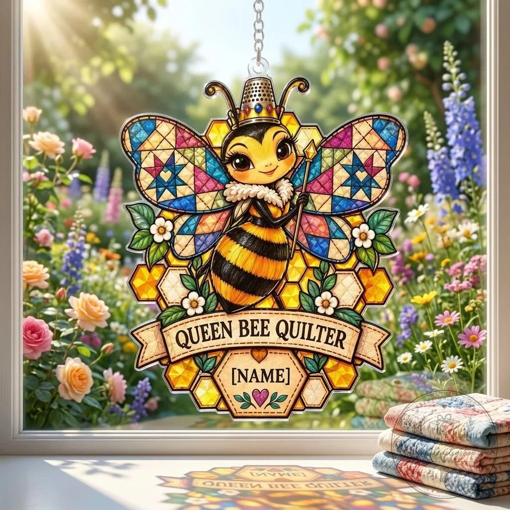 Personalized Queen Bee Quilter Stained Glass Style Suncatcher 1 Personalized Queen Bee Quilter Stained Glass Style Suncatcher