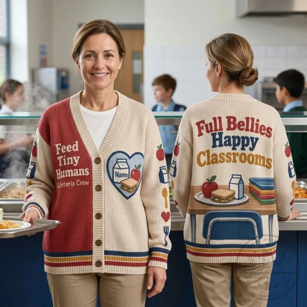 School Cafeteria Crew Full Bellies Happy Classrooms Cardigan Sweater 1 School Cafeteria Crew Full Bellies Happy Classrooms Cardigan Sweater