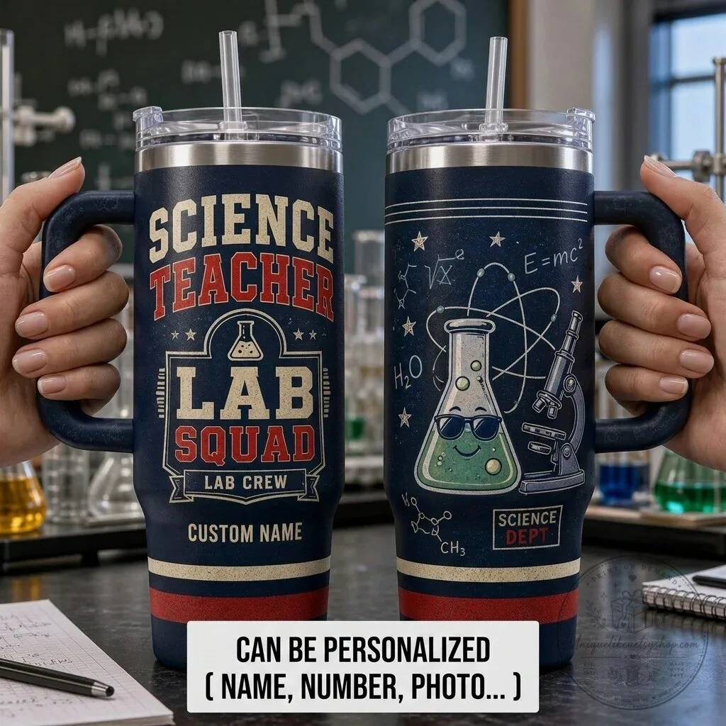 Personalized Science Teacher Lab Squad Tumbler with Handle - Custom Name Chemistry Gift
