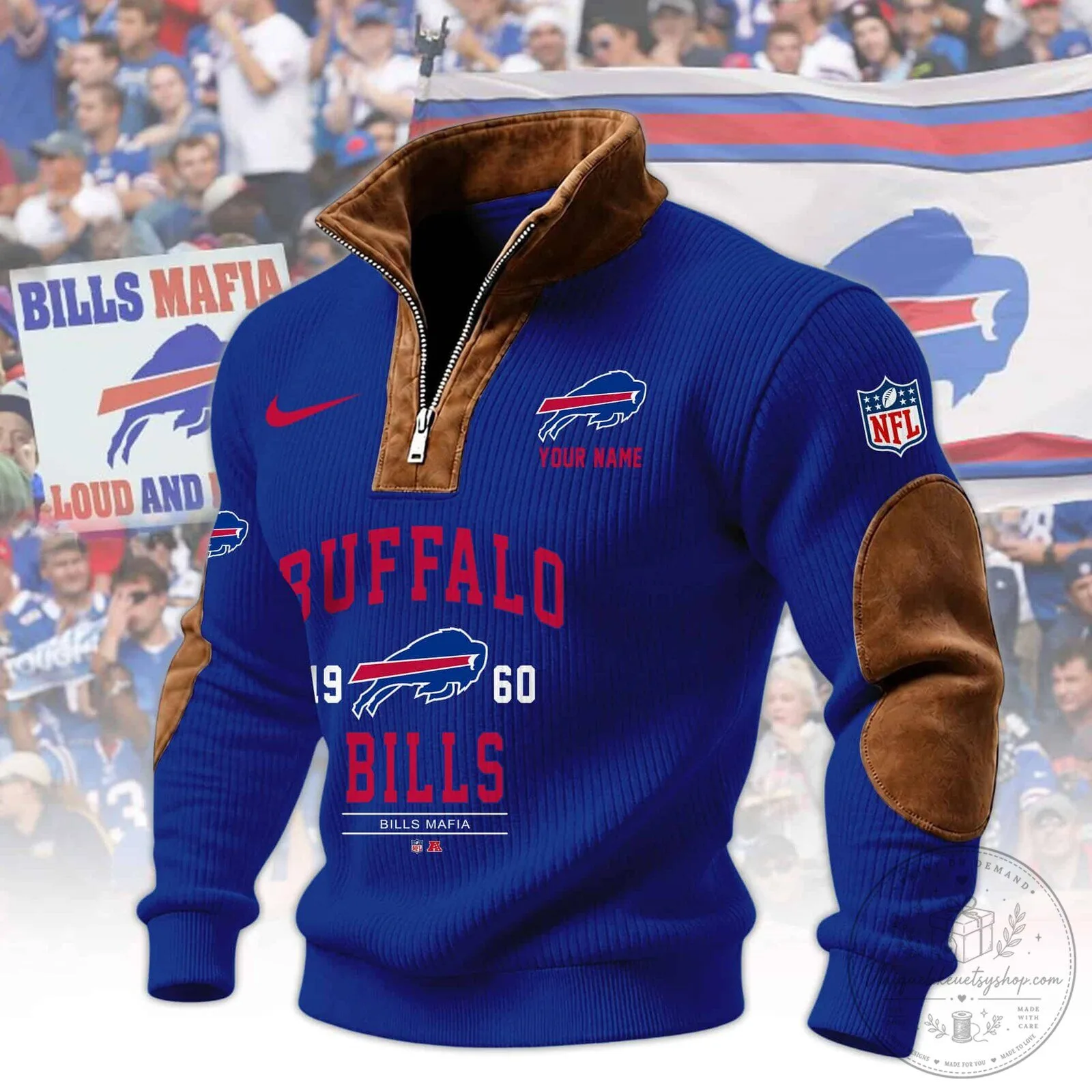 Buffalo Bills Mafia Quarter-Zip Pullover Sweatshirt with Suede Patches