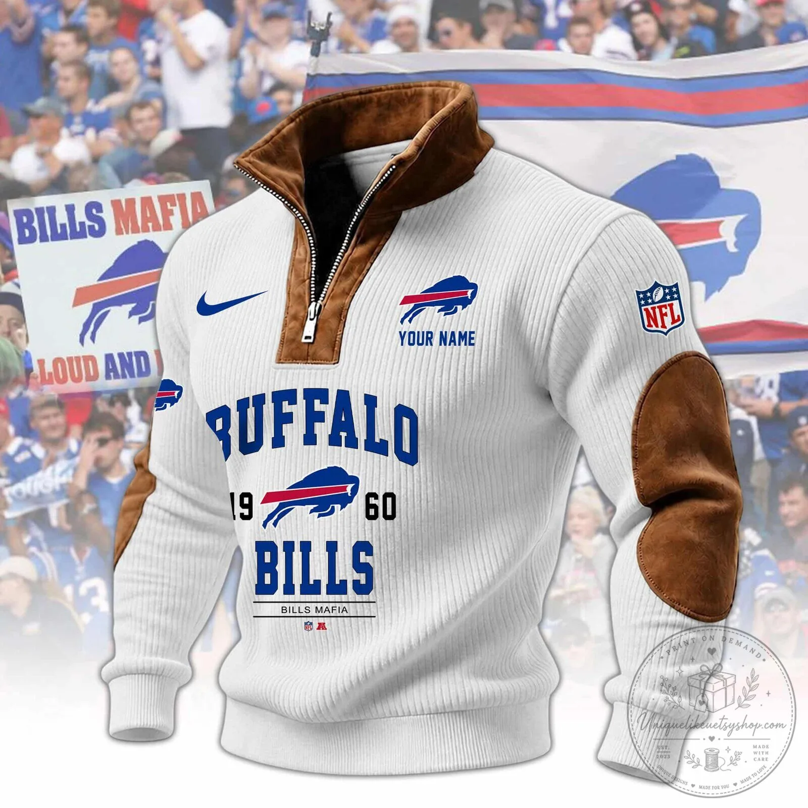 Buffalo Bills Mafia Quarter-Zip Pullover Sweatshirt with Suede Patches 5 Buffalo Bills Mafia Quarter-Zip Pullover Sweatshirt with Suede Patches