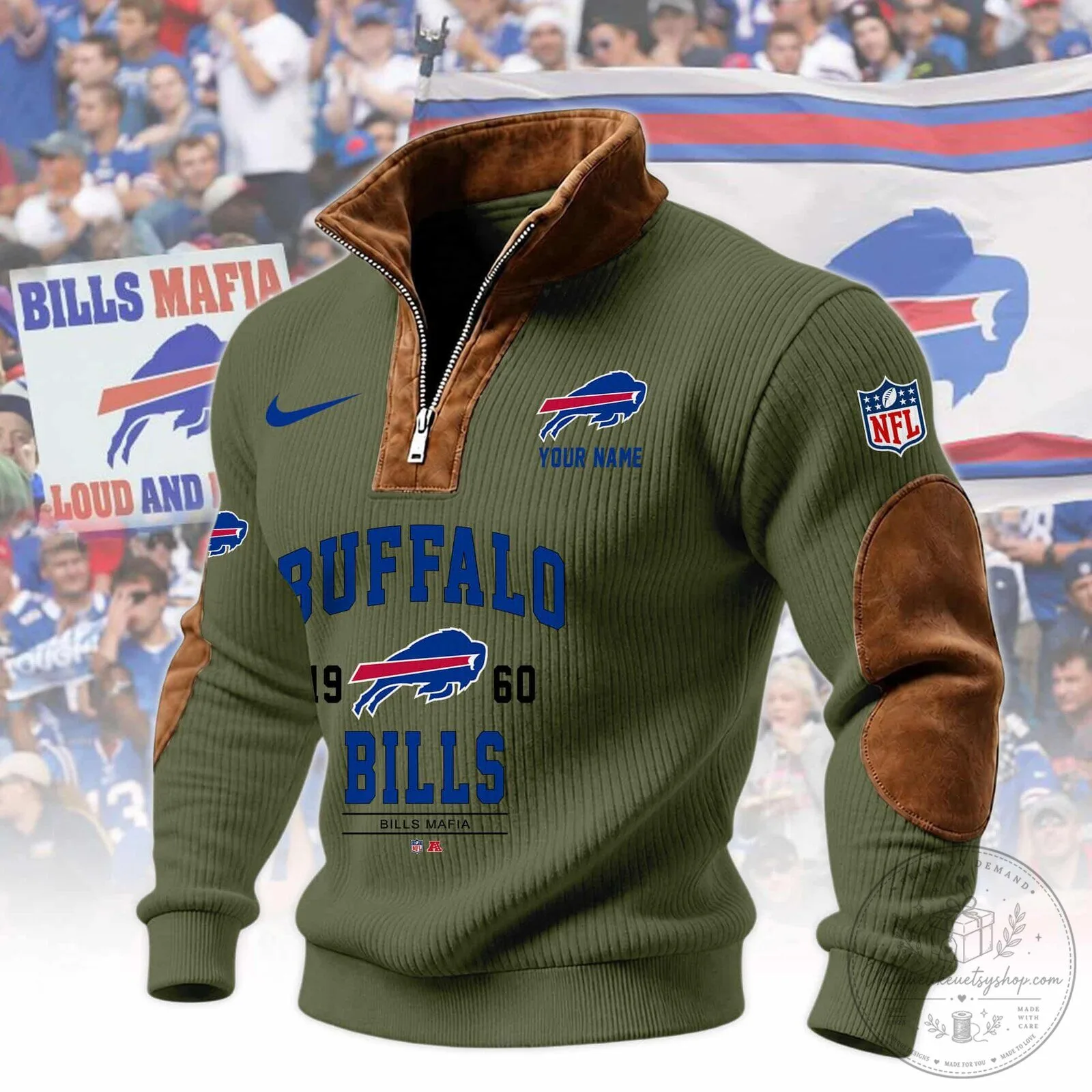 Buffalo Bills Mafia Quarter-Zip Pullover Sweatshirt with Suede Patches 6 Buffalo Bills Mafia Quarter-Zip Pullover Sweatshirt with Suede Patches