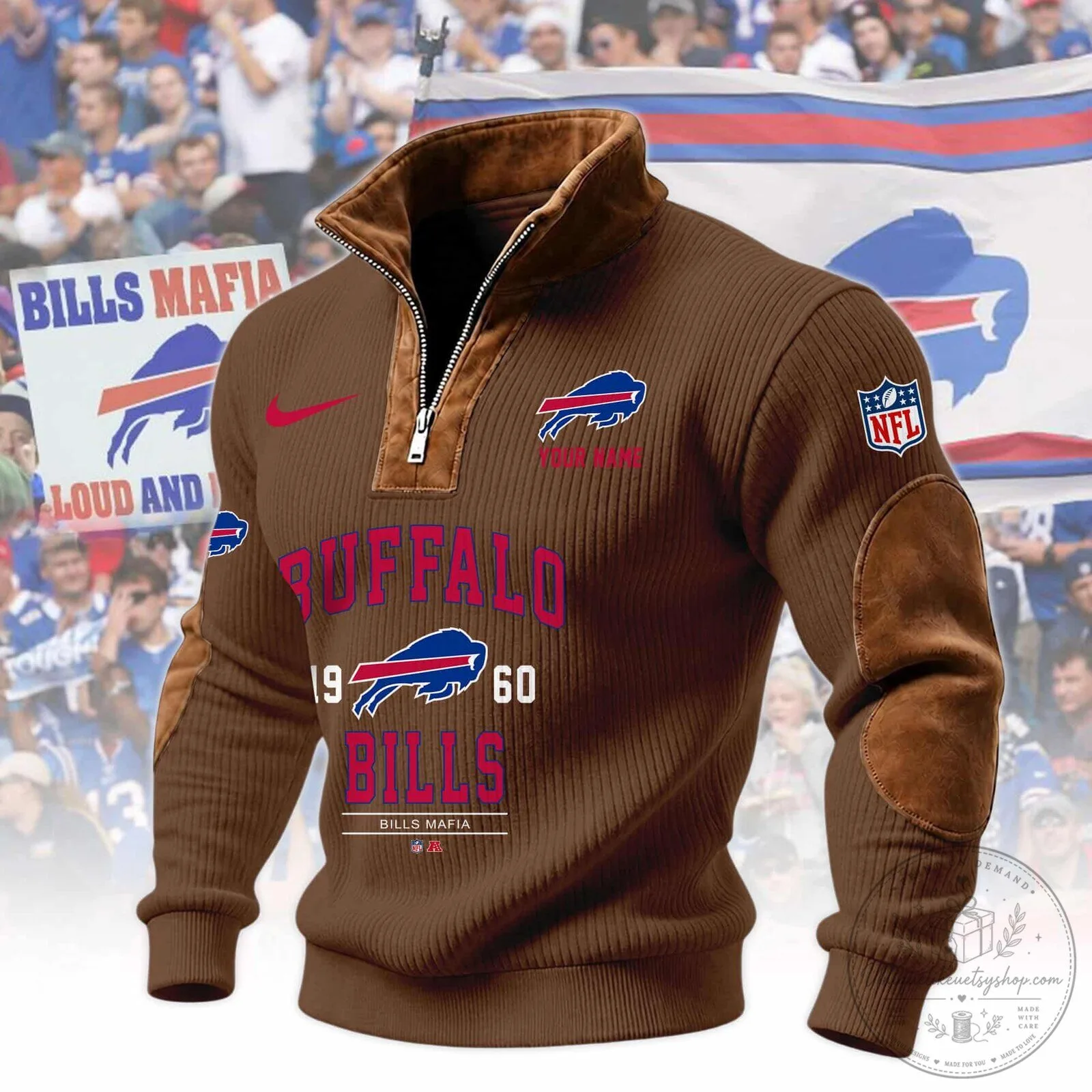 Buffalo Bills Mafia Quarter-Zip Pullover Sweatshirt with Suede Patches 7 Buffalo Bills Mafia Quarter-Zip Pullover Sweatshirt with Suede Patches