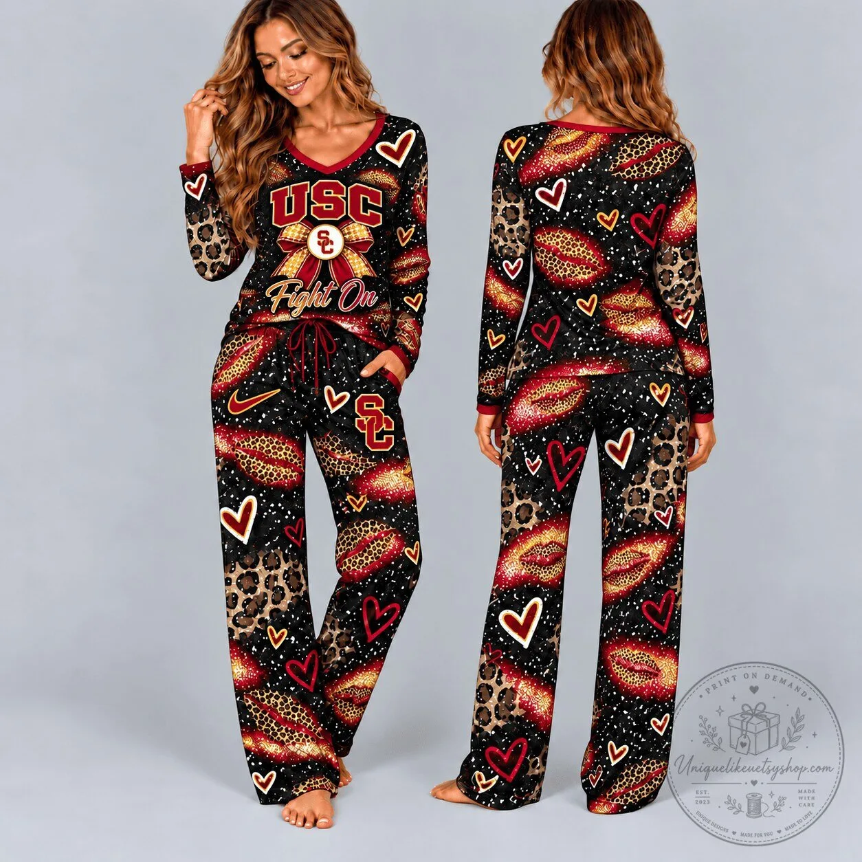 USC Trojans Leopard Print V-Neck Long Sleeve Top and Lounge Pants Pajamas Set
