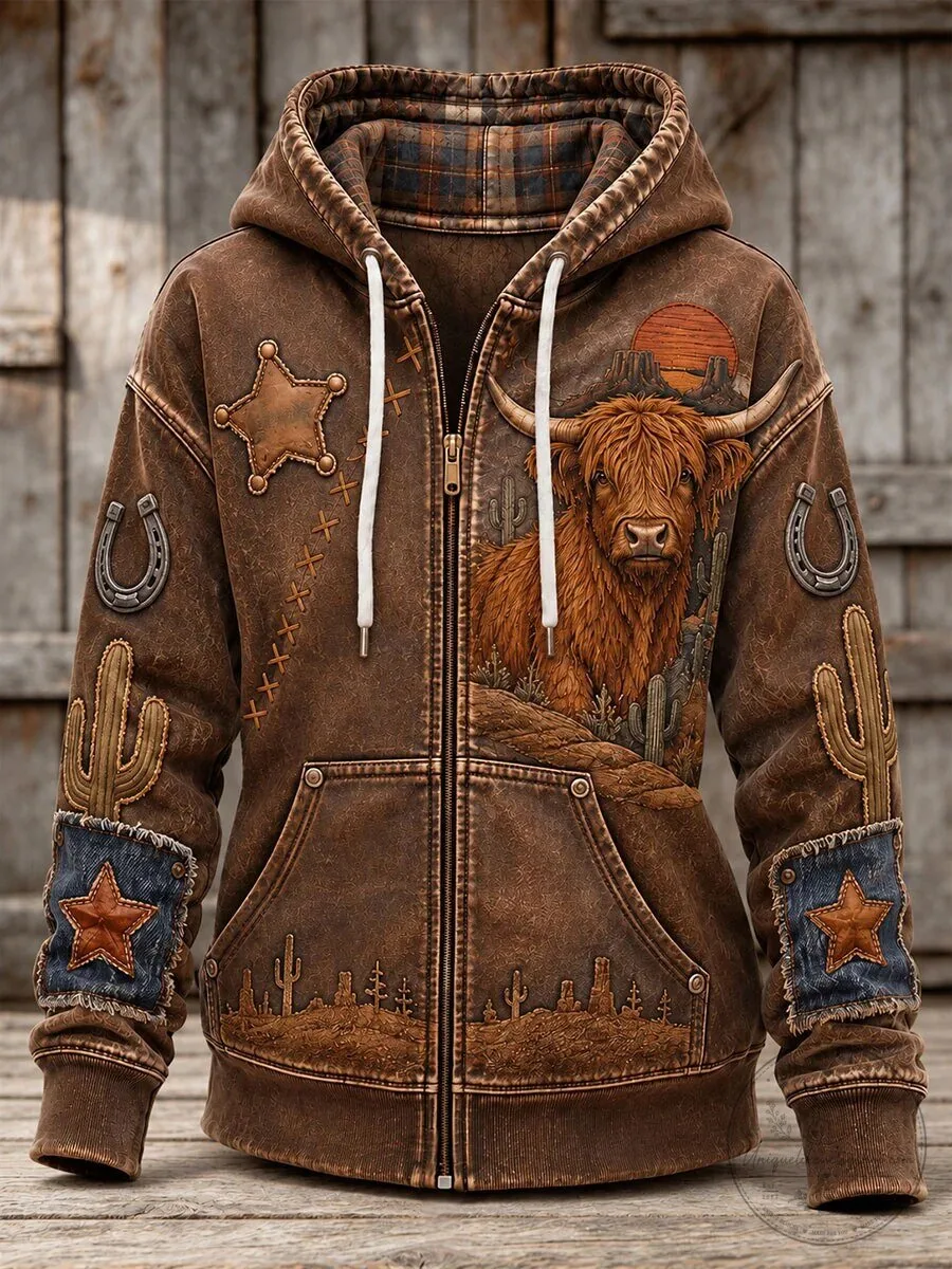 Western Highland Cattle Cow Desert Rustic Brown Full-Zip Hoodie for Women 1 Western Highland Cattle Cow Desert Rustic Brown Full-Zip Hoodie for Women