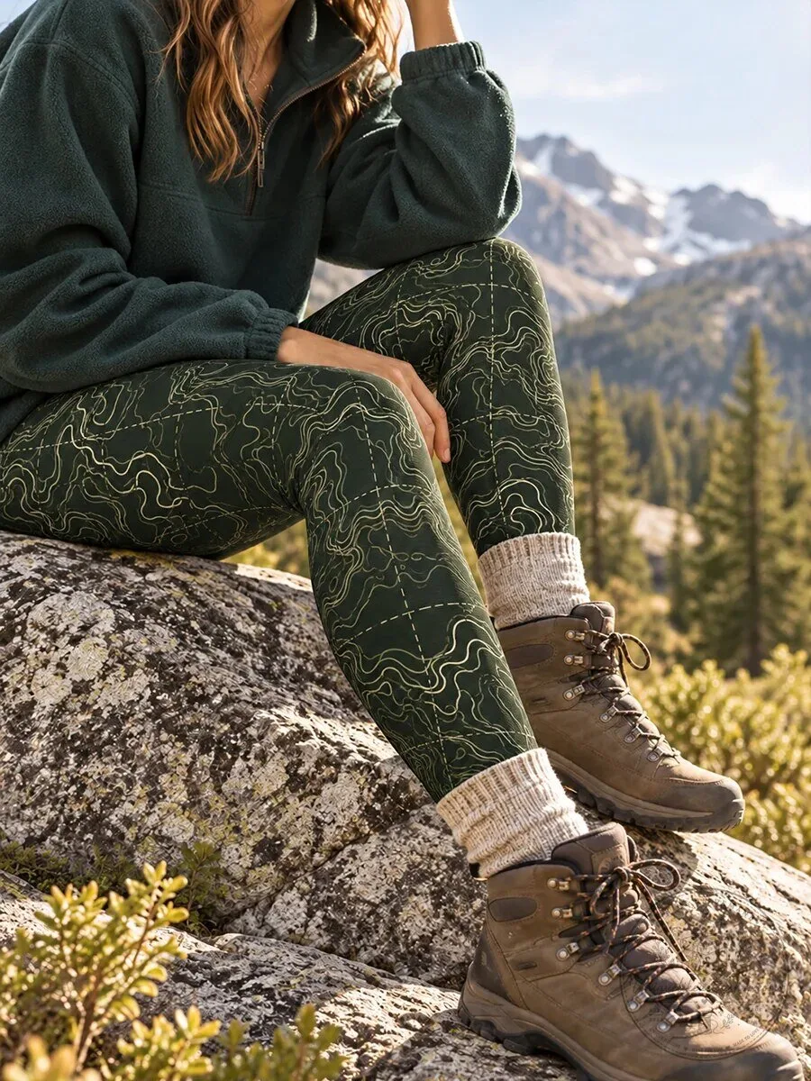 Women's Hiking Topographic Map Pattern Outdoor Adventure Leggings