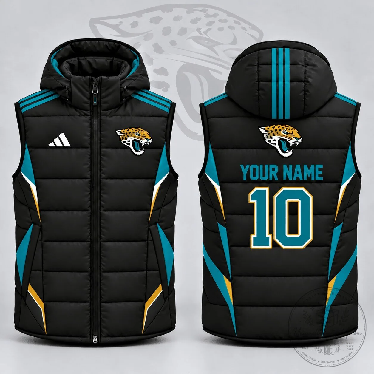 Jacksonville Jaguars NFL Custom Name Number Athletic Stripe Puffer Vest