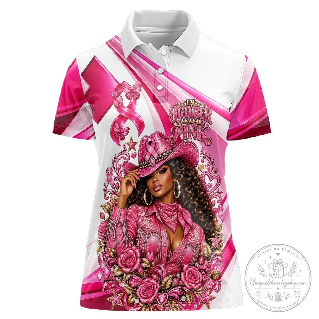 Western Wear Breast Cancer Awareness Pink Cowgirl Polo Shirt