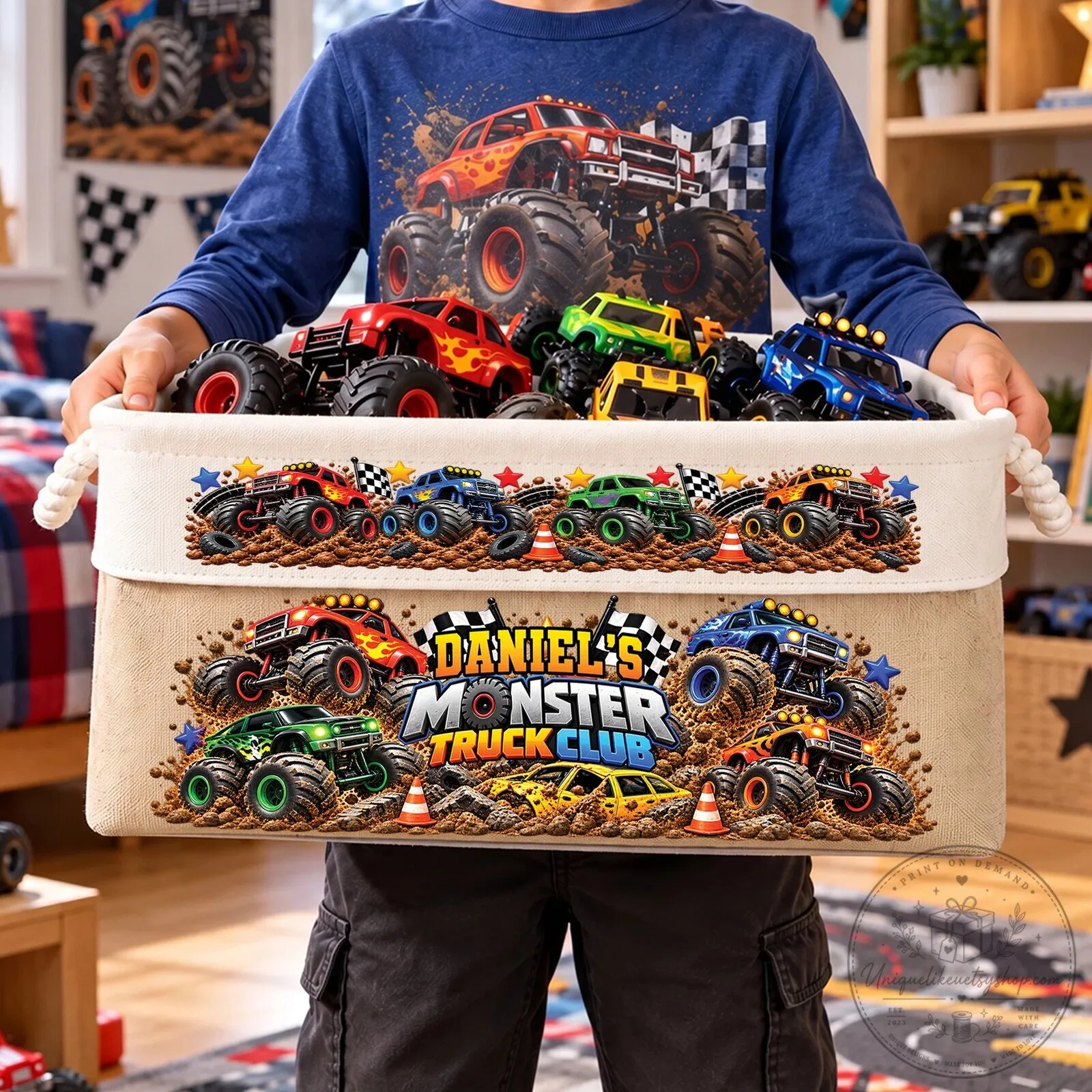 Personalized Monster Truck Club Kids Toy Storage Basket