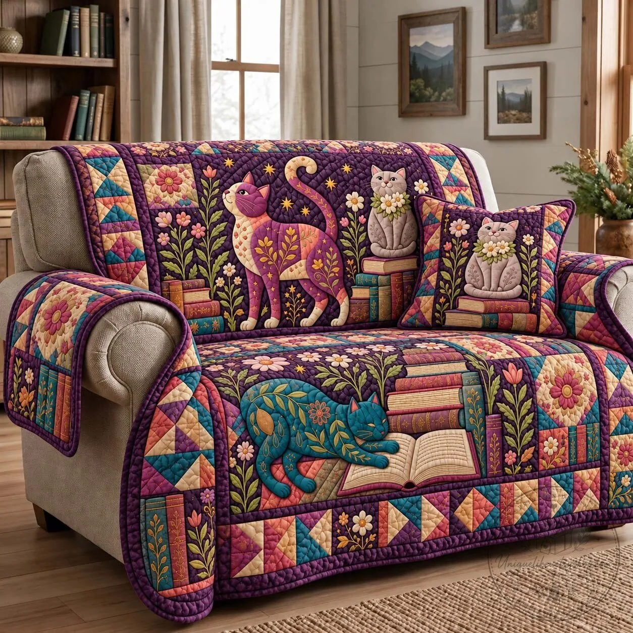 Quilted Sofa Cover Featuring Whimsical Book Cats for Living Room Decoration
