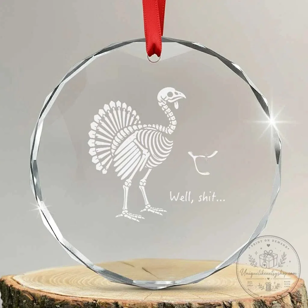 Funny Thanksgiving Turkey Skeleton Wishbone Crystal Glass Christmas Ornament