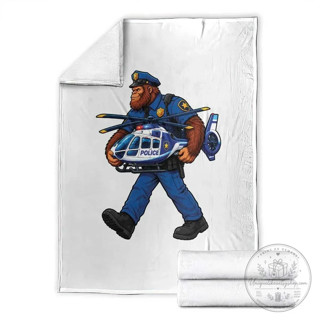 Funny Bigfoot Police Officer Carrying Helicopter Law Enforcement Throw Blanket