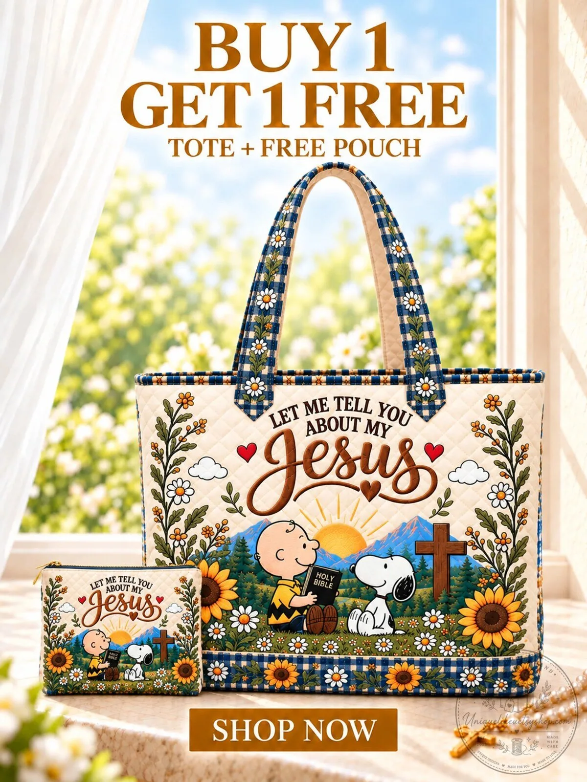 Let Me Tell You About My Jesus Charlie Brown Snoopy Quilted Tote Bag
