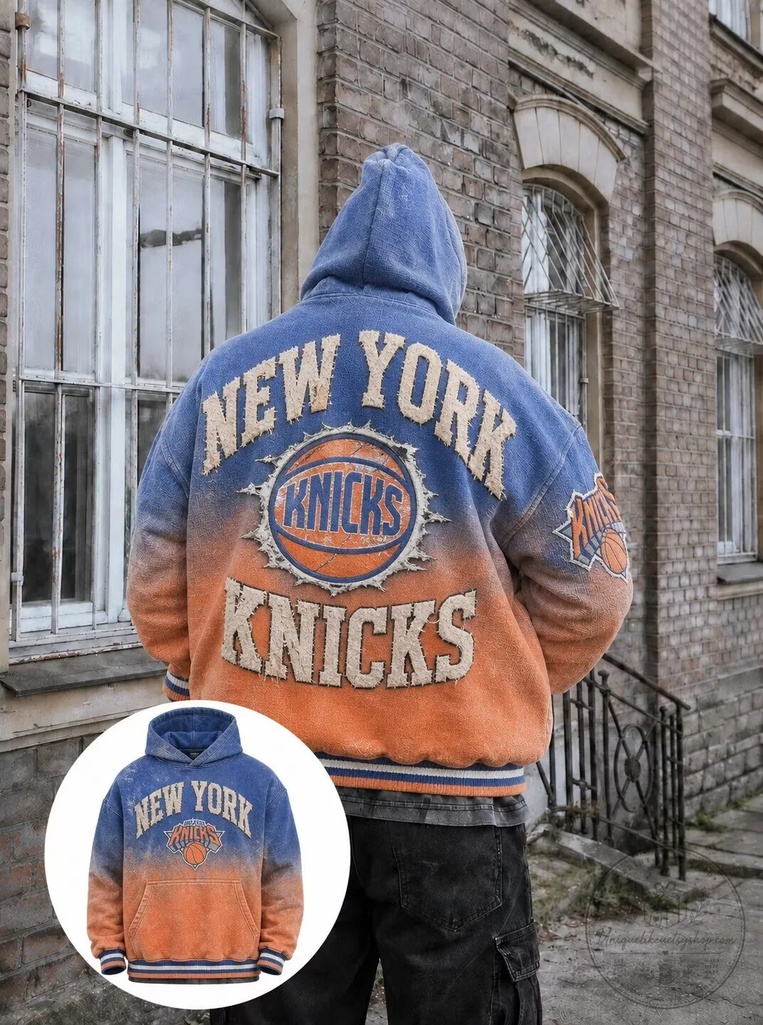 New York Knicks Vintage Basketball Team Gradient Blue Orange Hoodie 1 New York Knicks Vintage Basketball Team Gradient Blue Orange Hoodie