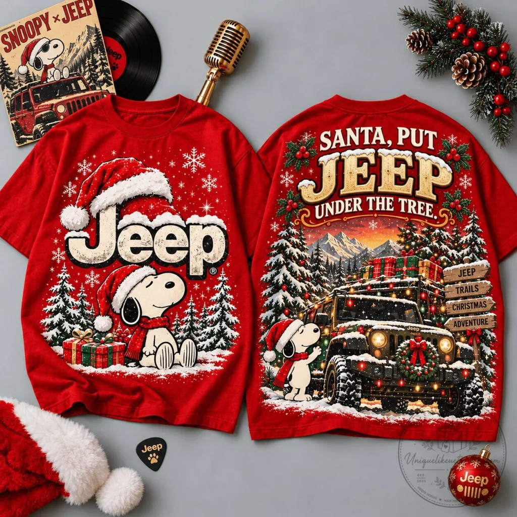 Snoopy And Jeep Christmas Scene Holiday Red T-Shirt Snoopy And Jeep Christmas Scene Holiday Red T-Shirt