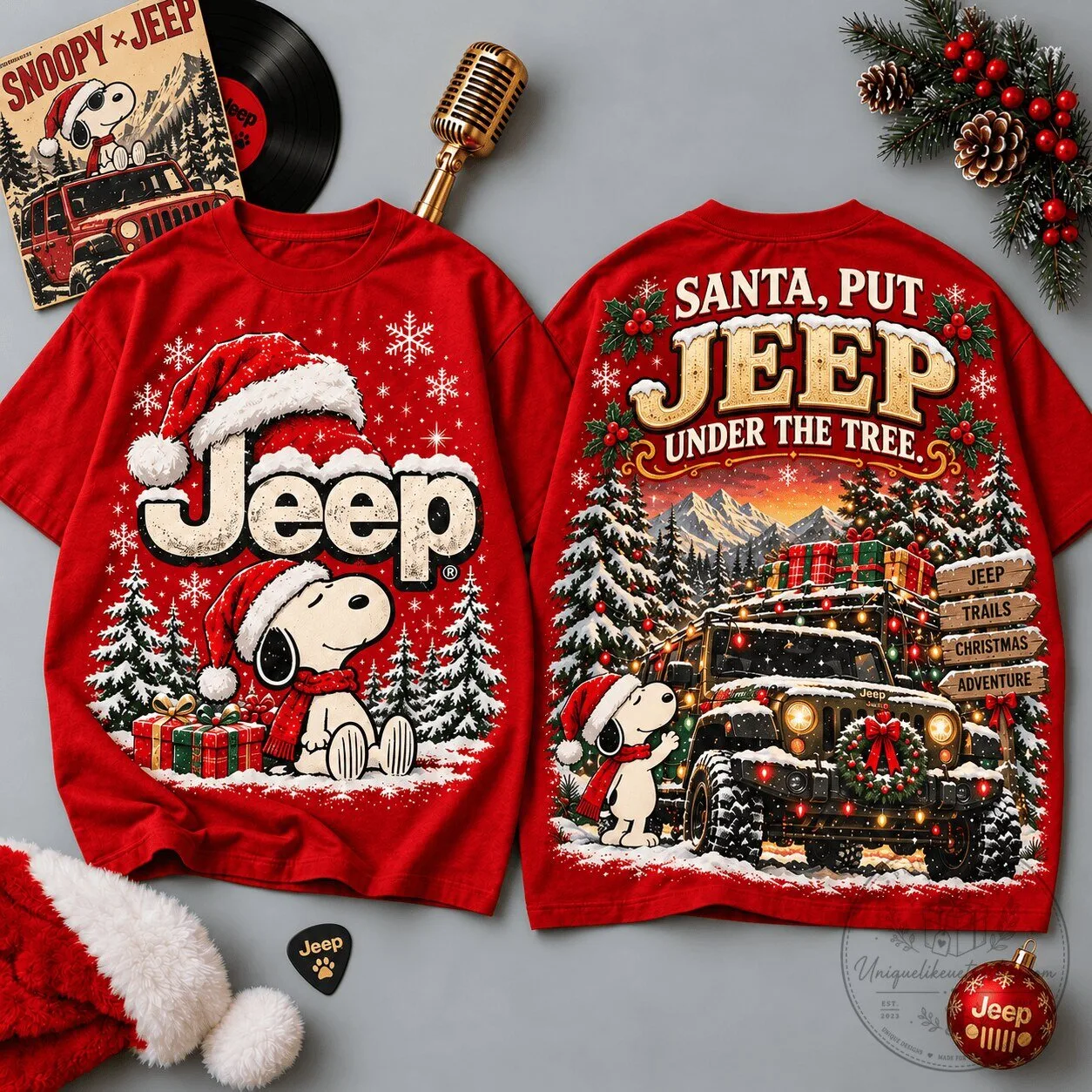 Snoopy And Jeep Christmas Scene Holiday Red T-Shirt 1 Snoopy And Jeep Christmas Scene Holiday Red T-Shirt