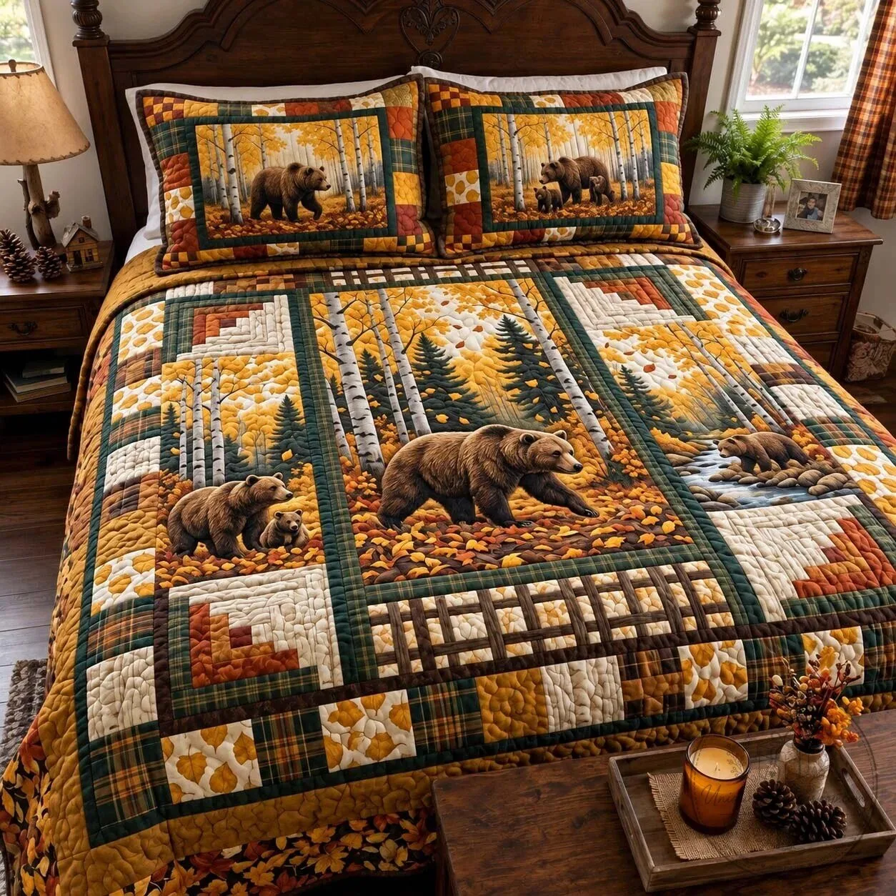 Autumn Aspen Bears Forest Quilted Bedding Set with Pillow Shams