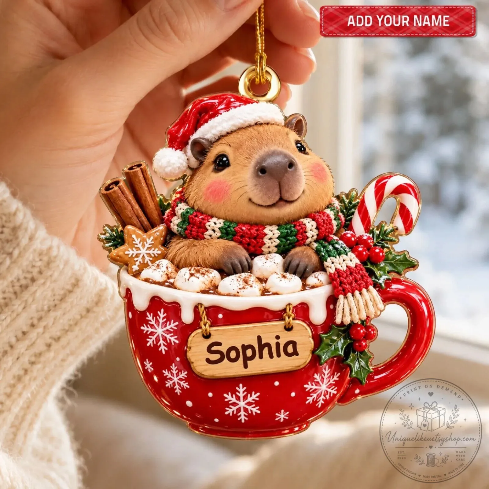 Personalized Christmas Capybara Hot Chocolate Mug Holiday Tree Ornament