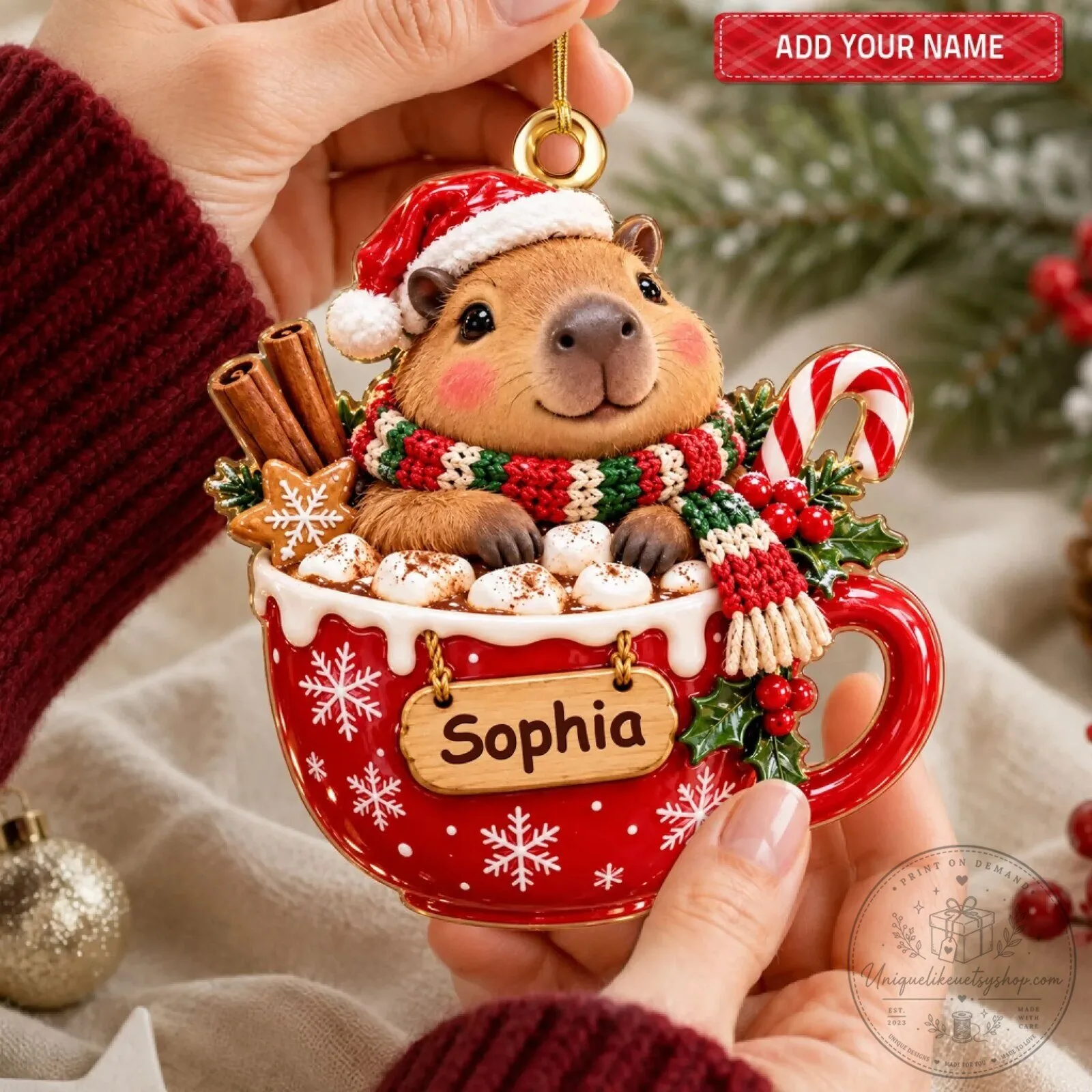 Personalized Christmas Capybara Hot Chocolate Mug Holiday Tree Ornament 7 Personalized Christmas Capybara Hot Chocolate Mug Holiday Tree Ornament